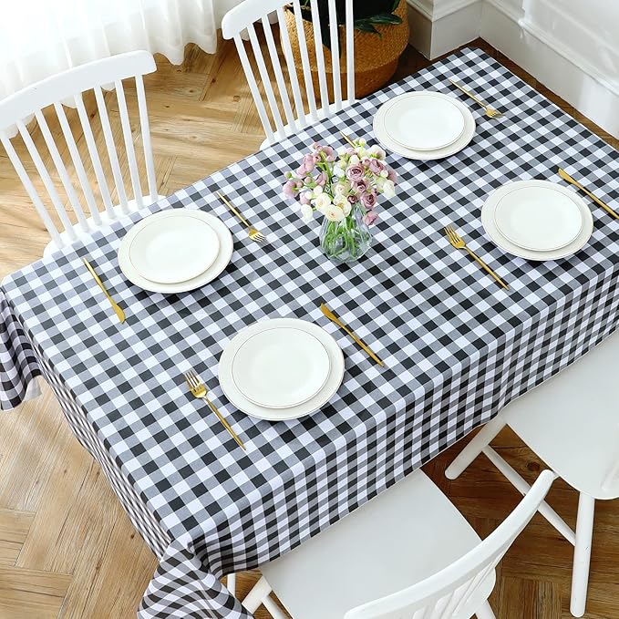 Romanstile Rectangle Vinyl PVC Tablecloth, 100% Waterproof Buffalo Plaid Plastic Table Cloth, Oil Proof Heavy Duty Wipeable Table Covers for Dining/Camping/Picnic/Outdoor - 60 x 102, Black and White