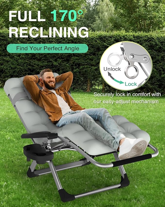 ZENPETIO Zero Gravity Chair with Removable Cushion, Reclining Camping Chair with Cup Holder, Anti Gravity Lounge Chair for Indoor and Outdoor