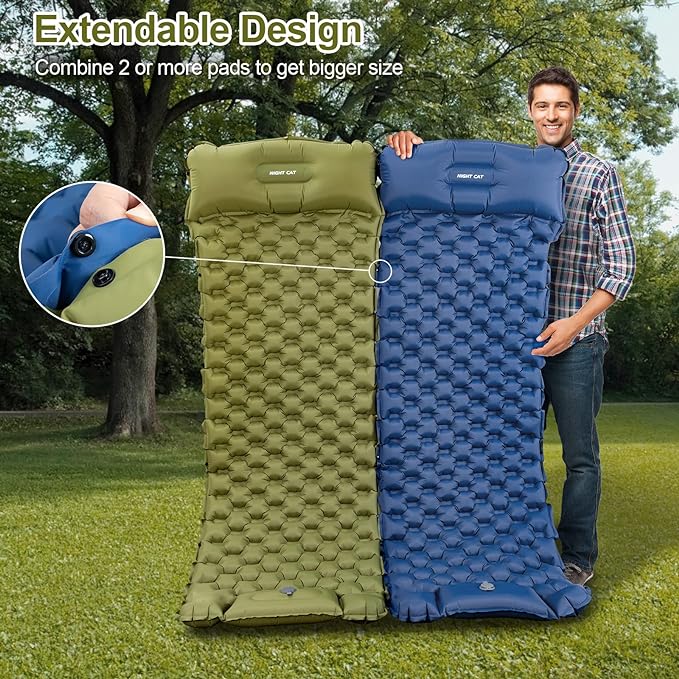 Night Cat Inflatable Sleeping Pads Mat Bed with Pillow Foot Pump for Camping Backpacking Hiking Ultra-Light Compact Comfortable Extendable 77"x25.5"