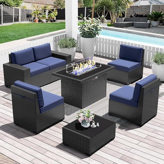 LayinSun 7 Pieces Outdoor Patio Furniture Set with 44" Fire Pit Table Rattan Sectional Sofa Conversation Sets