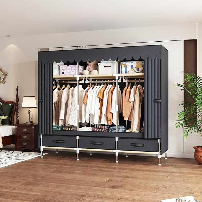 Portable Wardrobe Closet Durable and Easy to Assemble Heavy Duty Clothes Rack with Non-Woven Cover Fabric Best for Bedroom and Easy Storage and Organization (Grey-A)