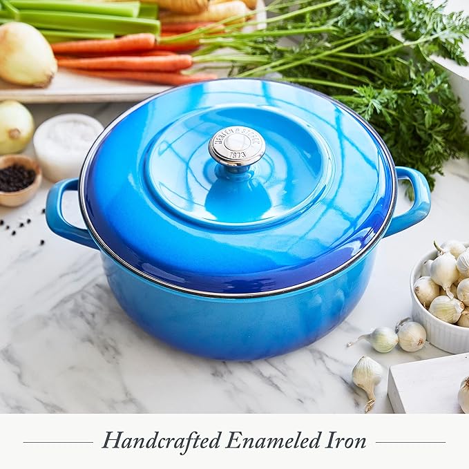 Merten & Storck 5.3QT Round Dutch Oven Casserole Pot with Lid, European Crafted Enameled Iron Stockpot, Induction & All Cooktops, Braising, Stews, Roasting, Slow Cooking, Sourdough, Caribbean Blue
