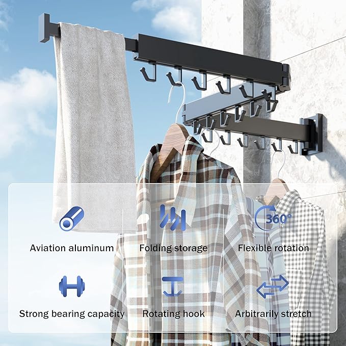 Clothes Drying Rack for Laundry,Wall Mounted Clothes Hanger Rack,Folding,Retractable,Collapsible(J Shape Hooks)