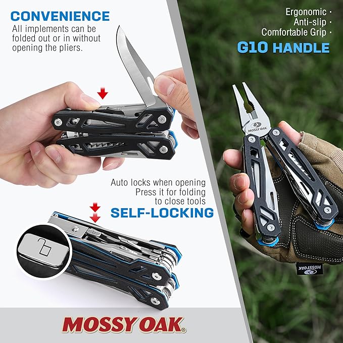 MOSSY OAK Multitool, 21-in-1 Stainless Steel Pocket Knife with G10 Handle, Screwdriver Sleeve, Self-locking Pliers with Sheath-Perfect for Outdoor, Survival, Camping, Hiking, Simple Repair