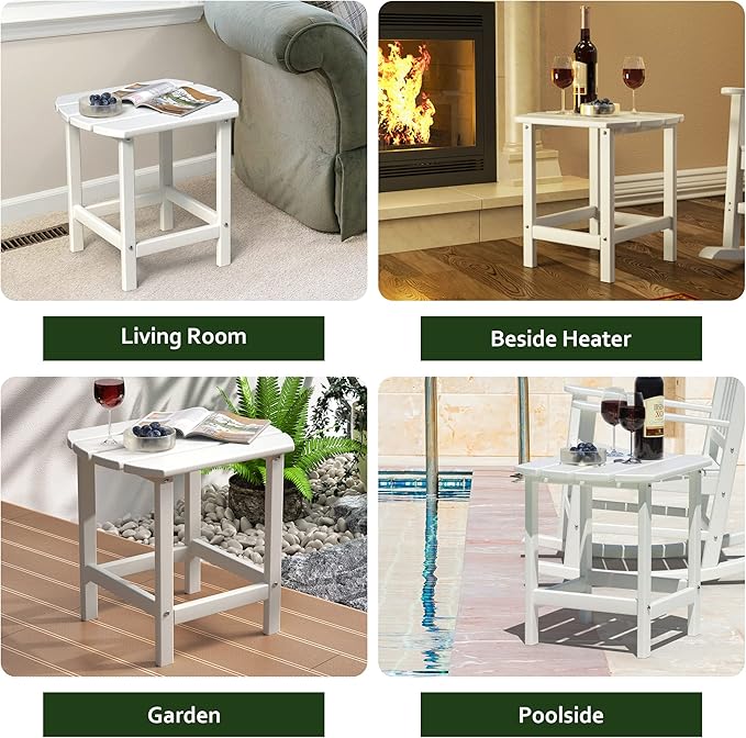 TORVA Patio Adirondack Side Table, Outdoor End Tables All-Weather Resistant HDPE Humidity-Proof Long Time Use for Deck, Lawn,Garden, Porch, Backyard End Table(White Color-1 Tier)