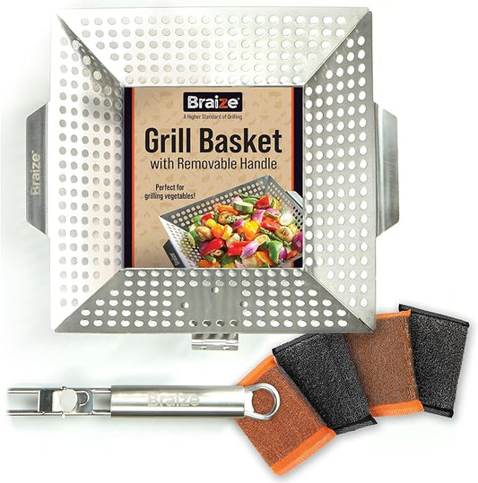 Heavy-Duty Stainless Steel Grill Basket – 12" x 13.75" BBQ Basket with Removable Handle – Large Grilling Basket for Vegetables, Fish & Meat – Includes 4 Bonus Scrub Sponges