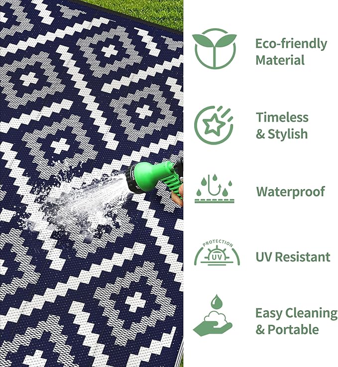 GENIMO Outdoor Rug for Patio Clearance, 6'x9' Waterproof Camping Mat, Reversible Plastic Straw Rugs for RV, Camper, Balcony, Backyard, Picnic, Deck (Mix Navy Blue White)