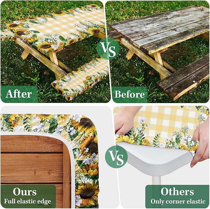Picnic Table Cover with Bench Covers Elastic Edges, Yellow Fitted Table Cover, Outdoor Patio Camping Essentials 72 Inch 3PCS, Waterproof Camping Fitted Tablecloth with Drawstring Bag