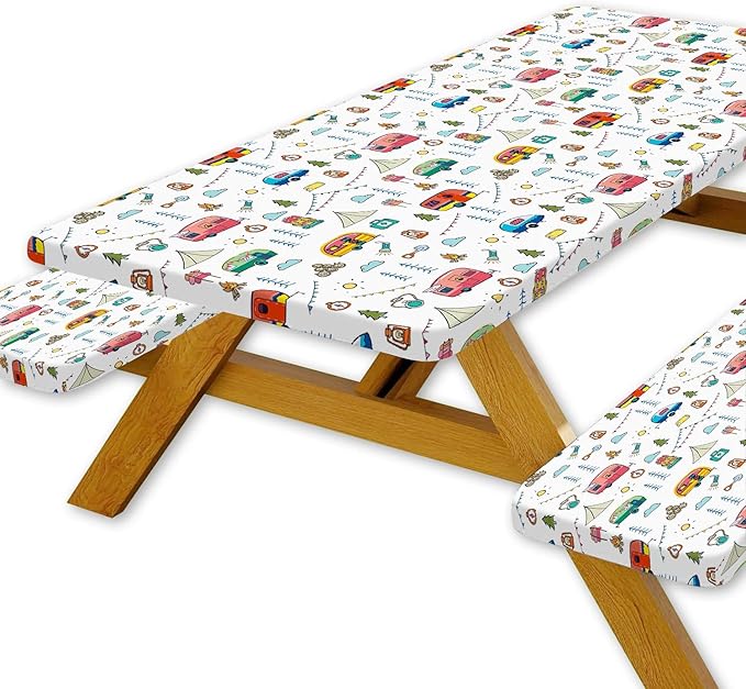Picnic Table Cover with Bench Covers, Colorful Cartoon Camping Icons Elastic Edges, Waterproof Windproof Fitted Tablecloth, for Outdoor Camping Patio Garden, Includes Drawstring Bag, 60 in