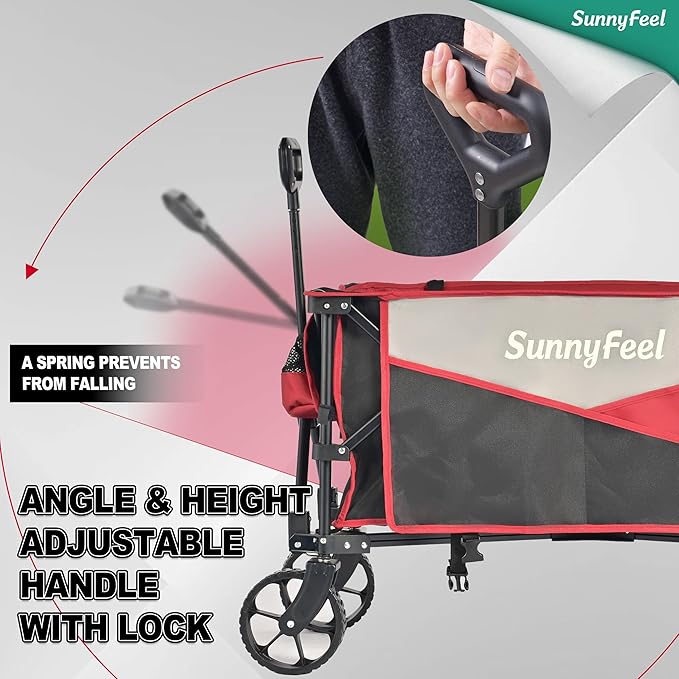 SunnyFeel Heavy Duty Collapsible Outdoor Utility Wagon Cart 400LB Capacity Adjustable Handlebar,Foldable Beach Wheels Stable Durable Oxford Fabric for Shopping Garden Camping (Black & Red)