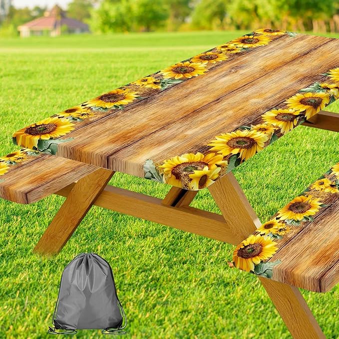 Picnic Table Cover with Bench Covers, Sunflower Wood Grain Pattern Elastic Edges, Waterproof Windproof Fitted Tablecloth, for Outdoor Camping Patio Garden, Includes Drawstring Bag, 72 in