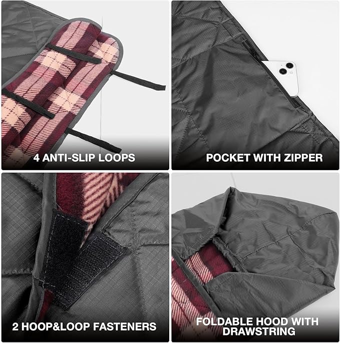 DUKUSEEK Large Camping Blanket - Waterproof, Quilted, Extra Thick Fleece, Warm, Windproof, Wearable, Includes Foldable Hood and Stuff Sack for Car, Outdoor Sports, Picnics, Stadiums, Dogs…