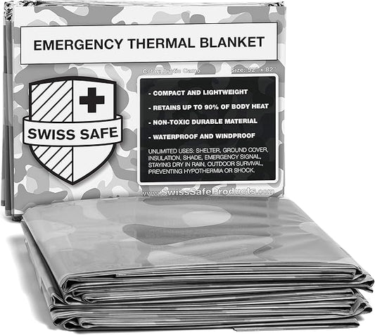 Swiss Safe 4 Pack Mylar Emergency Blankets for Survival - Compact & Insulated for Cold Weather - Designed for NASA, Outdoor, Running, Camping, Survival, First Aid Car Kit - Winter Camo, 4 Pack