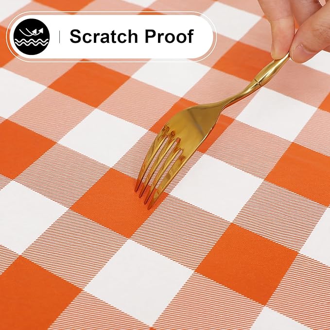misaya Rectangle Waterproof Vinyl Table Cloth, Buffalo Flannel Backed Tablecloth, Wipeable Plastic Table Cover for Dinner, Kitchen, Picnic (60" x 120", Orange and White)