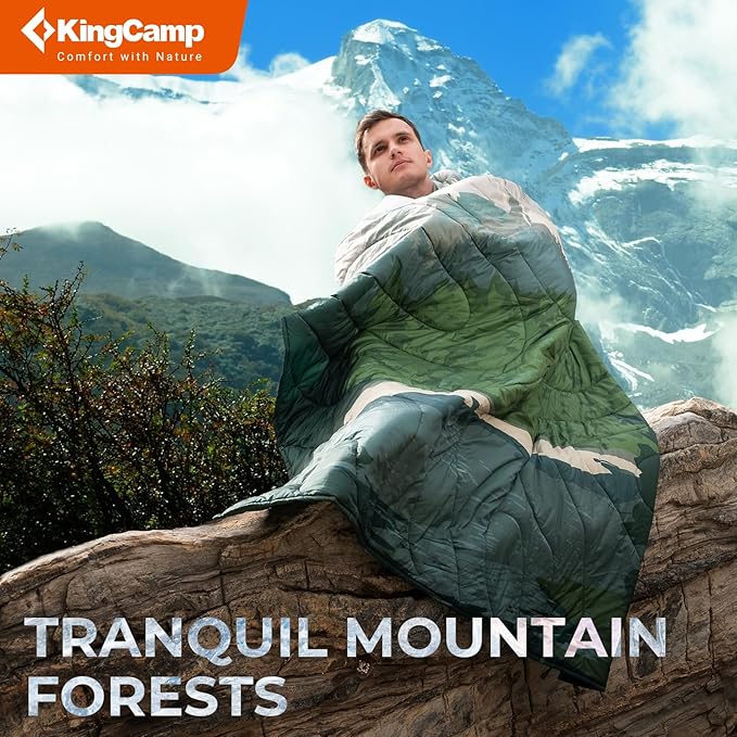 KingCamp Ultralight Camping Blanket, Packable Down Alternative Puffy Printed Wearable Blanket with Snap Buttons & Corner Loops Weatherproof Quilt for Outdoor Travel Stadium (79"L x 57"W, GREEN)