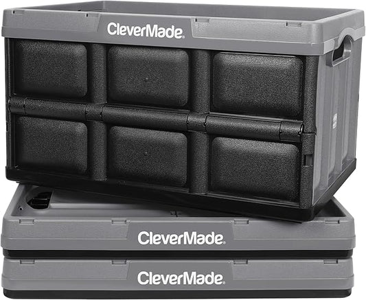 CleverMade Collapsible Storage Bins - Stone 3 Pack 46L - Stackable Containers Heavy Duty Capacity Folding Crates - Space-Saving for Home