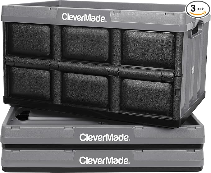 CleverMade Collapsible Storage Bins - Stone 3 Pack 62L - Stackable Containers Heavy Duty Capacity Folding Crates - Space-Saving for Home