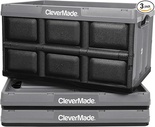CleverMade Collapsible Storage Bins - Stone 3 Pack 62L - Stackable Containers Heavy Duty Capacity Folding Crates - Space-Saving for Home
