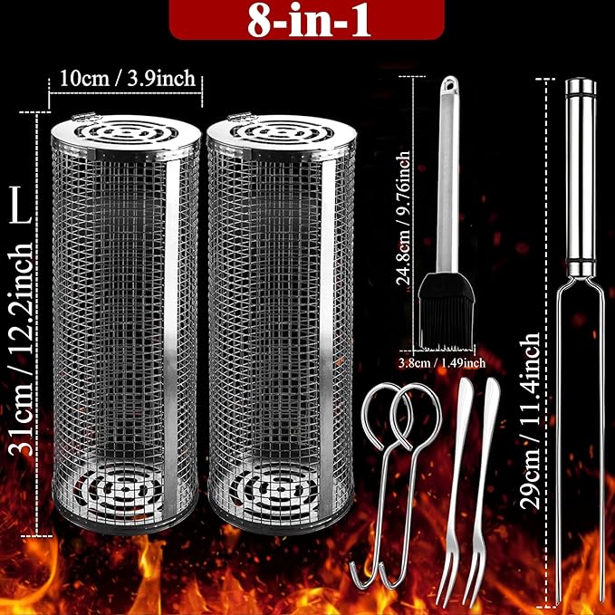 Rolling Grilling Baskets for Outdoor Grill Bbq Net Tube Large Round Barbecue Cylinder Cage Mesh Must Have Essentials Gadgets Cooking Accessories for Picnic Veggies Vegetable Fish Meat, Gift for Men