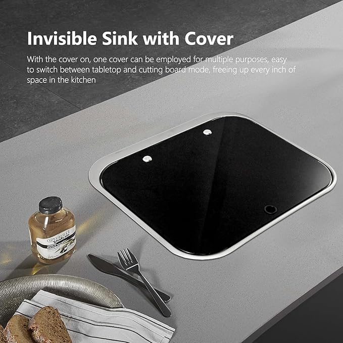 Portable RV Sink, 16.54×14.57×5.91 Inch Small Stainless Steel Bar Camping Sink with Folde Faucet and Tempered Glass Cover for Camper Trailer Caravan