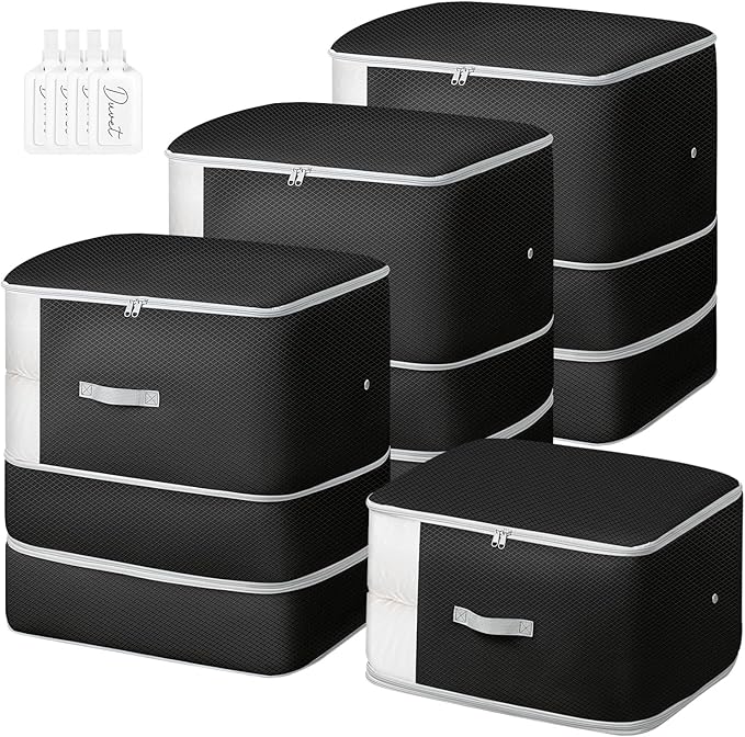 Comforter Storage Bag - 130L Large Capacity Blanket Storage Bags 3-Layer Ultra Space Saving Self Compression Organizer, Washable Compression Bags for Storage Comforter Blanket, 4-Pack, Black