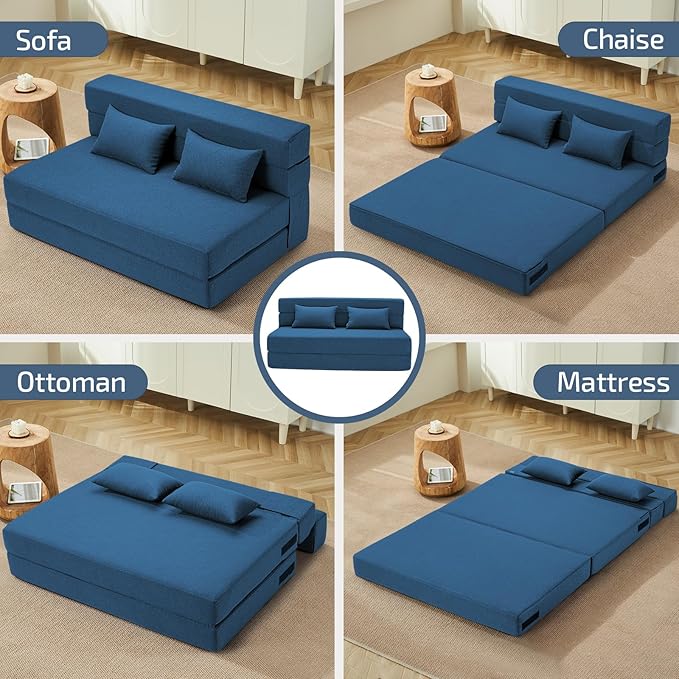 Folding Sofa Bed with Pillows- Convertible Chair Floor Couch & Sleeping Mattress, Foldable Memory Foam Sleeper for Living Room/Dorm/Guest Room/Home Office/Apartment/Loft, Full, Navy Blue