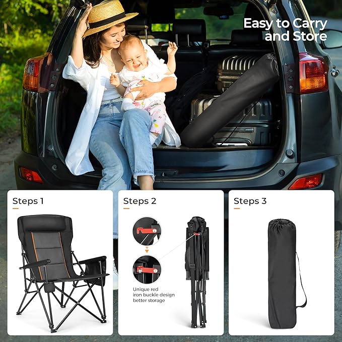 ALPHA CAMP Heavy Duty High Back Camping Chairs with Cup Holder Oversized Folding Chair Outdoor Chair with Headrest,Lawn with Side Pocket for Lawn, Sports and Fishing, 500lbs