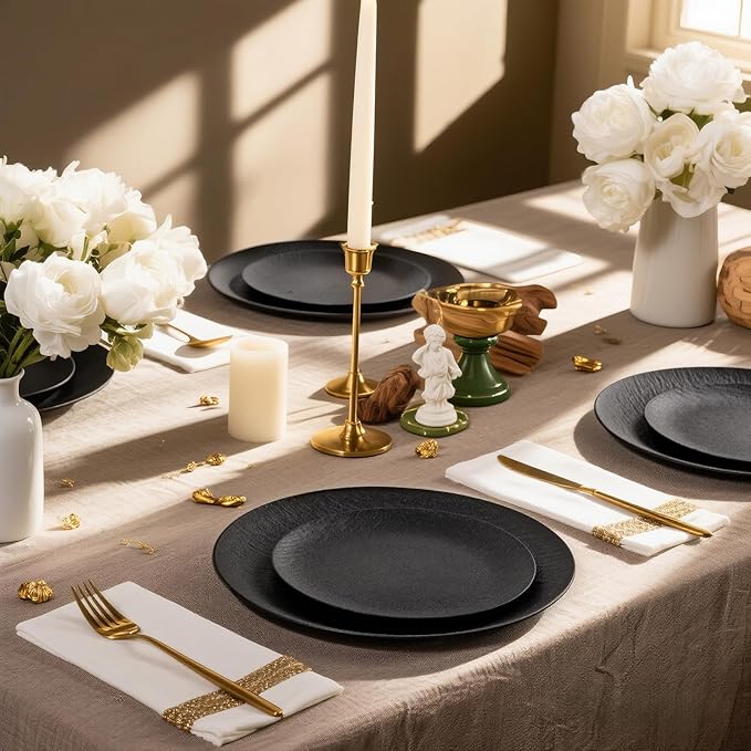 WONDERFUL 32pcs Black Plates Black Plastic Plates Unbreakable and Reusable Plastic Plate Dishwasher safe Dishes Set Includes:16 Dinner 10" and 16 Dessert Plate 7.3" Suitable for BBQ & Camping