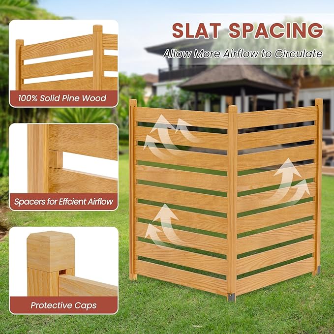 LILYPELLE 48in W x 48in H Air Conditioner Fence, 2 Panels Outdoor Wooden Fence Privacy Screen with Metal Stakes, Trash Can Pool Equipment Enclosure Outside Panels Decorative Fences