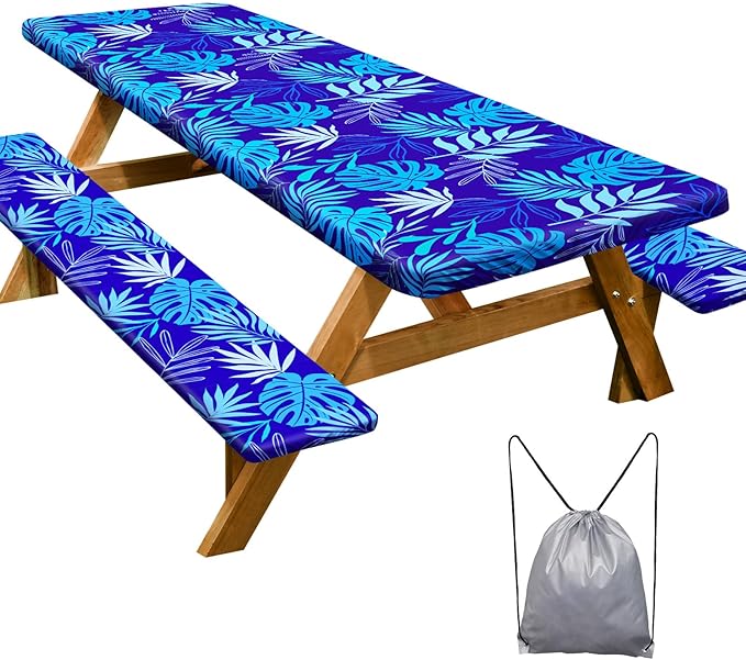 Picnic Table Cover with Bench Covers Camping Essentials Waterproof Windproof Camping Tablecloth with Drawstring Bag, Fitted Rectangle Tables and Seats, 96in, Dark Blue