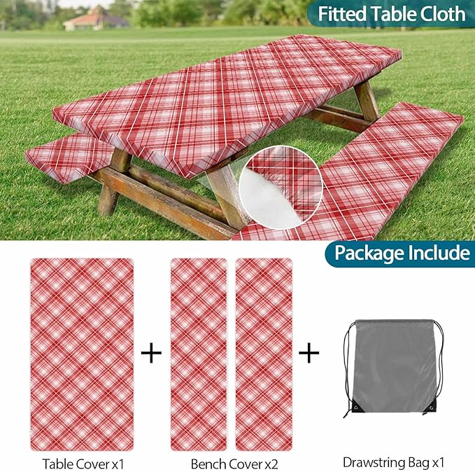 DYNH 3 Pcs Picnic Table Cover with Bench Covers, 8ft Waterproof Reusable Elastic Fitted Rectangle Picnic Table Cloths,30x96IN Red Plaid Picnic Tablecloth for Camping Patio Travel Outdoor