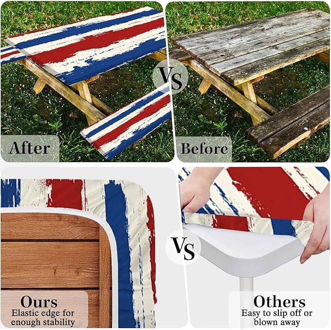CAPSCEOLL Elastic Picnic Table Cover with Bench Covers 5Ft Waterproof Fitted Picnic Table Cover Cloths for Outdoors Camping Tablecloth with Drawstring Bag, 60X30in, Red Blue