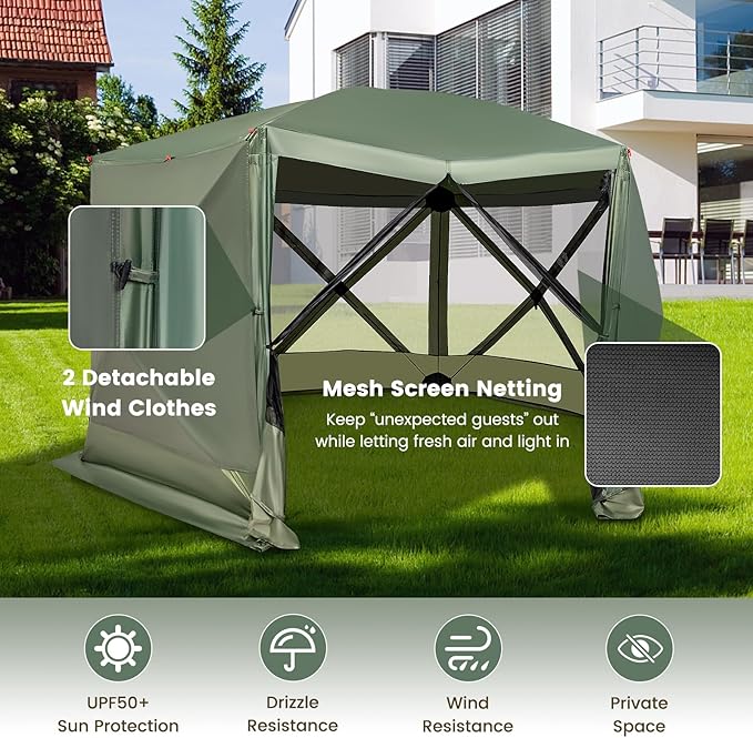 Tangkula 11.5x11.5 Ft Pop Up Gazebo with Netting, Portable Screen Tent with 6 Sided Mesh Walls, 2 Sunshade Cloths, Outdoor Instant Canopy Shelter with Carry Bag for Camping, Lawn, Backyard