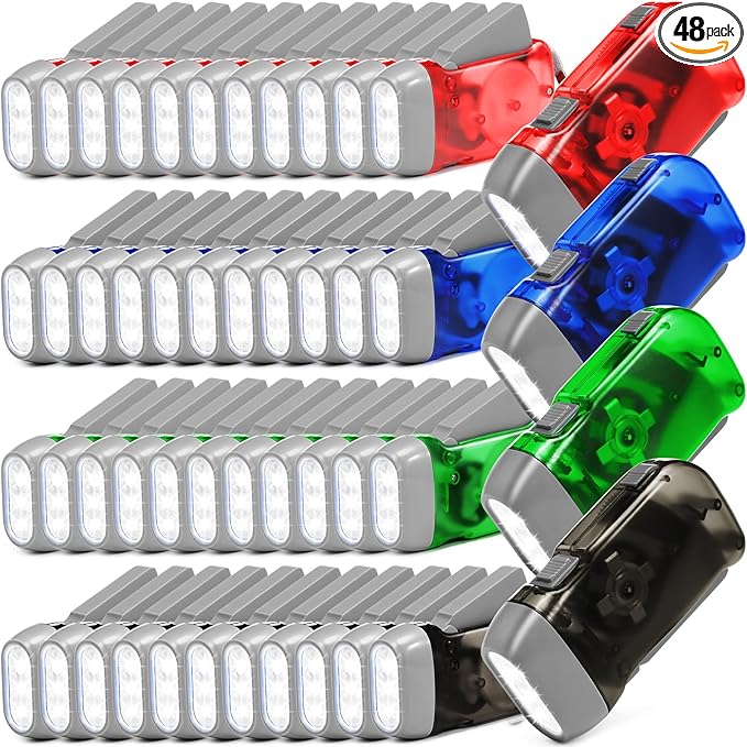 48 Pcs Hand Crank Flashlight No Battery Required Torch Light Manual Press Flashlight 3 LED Squeeze Torch Light for Shoeboxes Camping Hiking(Green, Gray, Blue, Red)