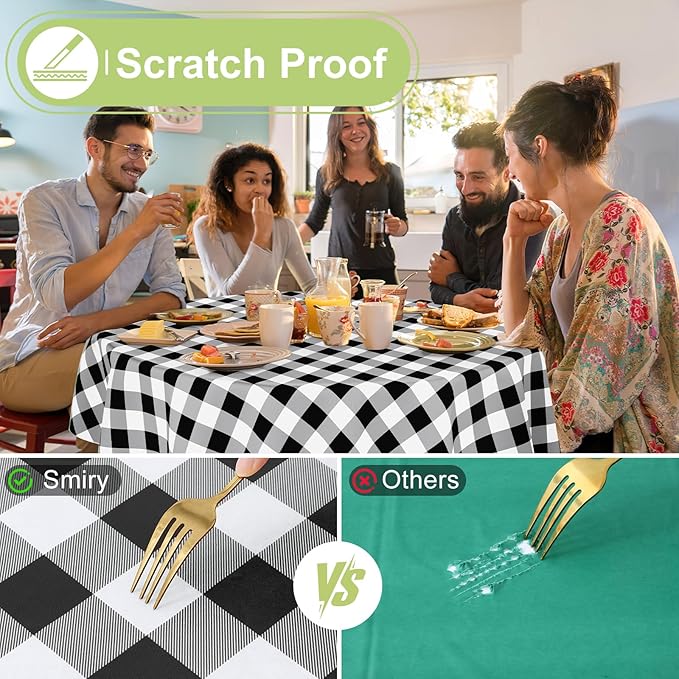 Smiry Round Plastic Table Cloth, Waterproof Vinyl Tablecloth with Flannel Backing, Wipeable Buffalo Plaid Table Cover for Dining, Indoor and Outdoor (Black & White, 60" Round)