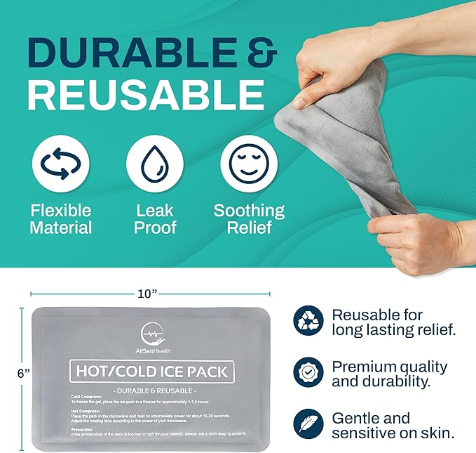 Reusable Ice Packs for Injuries - (10" x 6") Soft Ice Pack with 1 Sided Velvet Soft Fleece Fabric, Flexible Hot and Cold Gel Ice Pack Set, Grey, Pack of 2