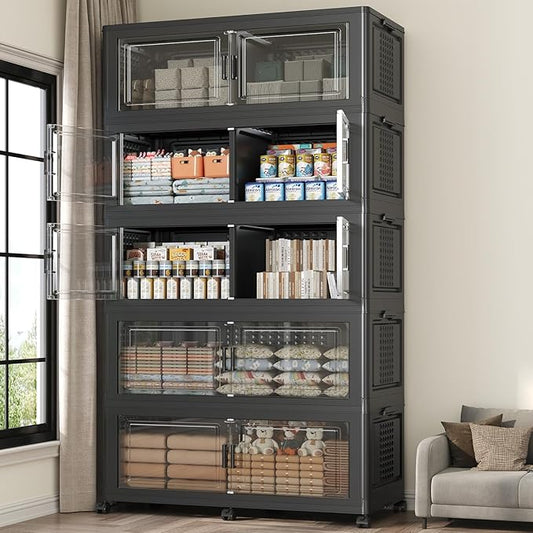 250GAL Extra Large Storage Bins with Lid, 1000Qt Stackable Closet Organizers and Drawers, Collapsible Storage Bins with Wheels, Folding Storages Cabinet for Home Bedroom Office, 5Pack Black