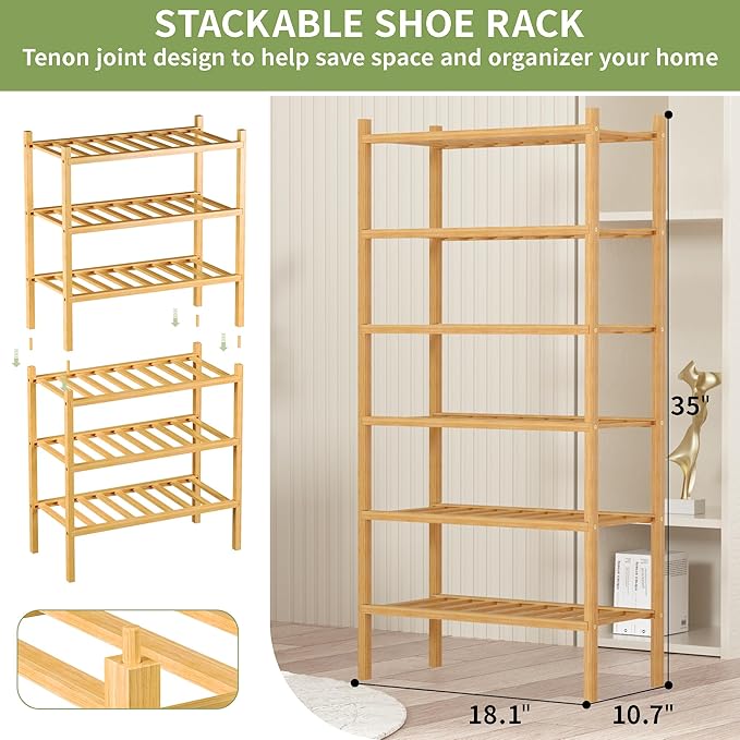 6-Tier Bamboo Small Shoe Rack, Free Standing Wood Shoe Shelf Storage Organizer for Closet Entryway Stackable (Natural)