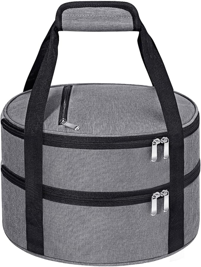 Round Double Insulated Casserole Carrier, Pie Carrier Bag, Portable Casserole Carrier for Hot or Cold Food Lunch Tote, Lunch Bag for Parties Picnic, Fits 12.5" Baking Dish, Grey