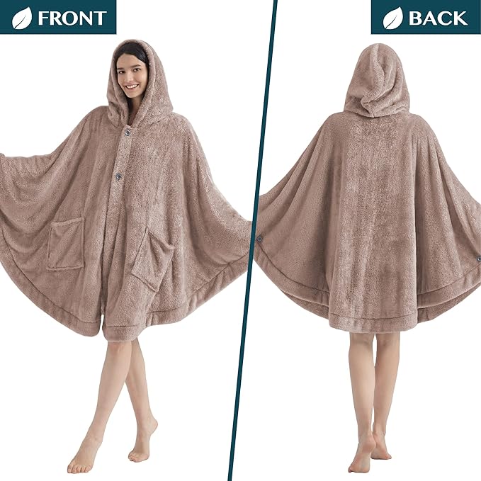 PAVILIA Angel Wrap Hooded Blanket Poncho, Wearable Blanket Throw Wrap Poncho for Women Adult, Cozy Fluffy Sherpa Fleece Shawl Cape with Hood pockets, Warm Gift for Mom Wife, Beige Taupe