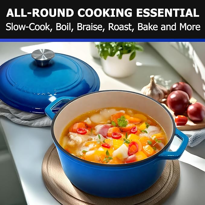 MÜELLERHOME 7.5 QT Enameled Cast Iron Dutch Oven, Heavy-Duty Casserole Dish and Braiser Pan with Lid and Stainless Knob, Oven-Safe up to 500° F & Across All Cooktops, Aqua Blue
