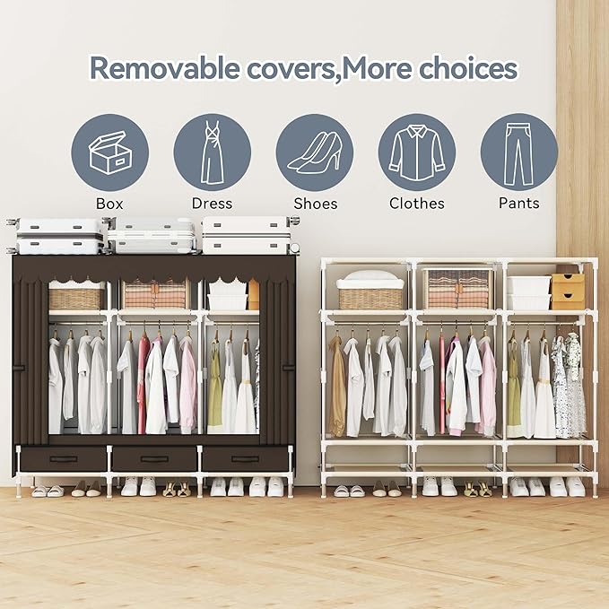 Portable Wardrobe Closet Durable and Easy to Assemble Heavy Duty Clothes Rack with Non-Woven Cover Fabric Best for Bedroom and Easy Storage and Organization (Brown-A)