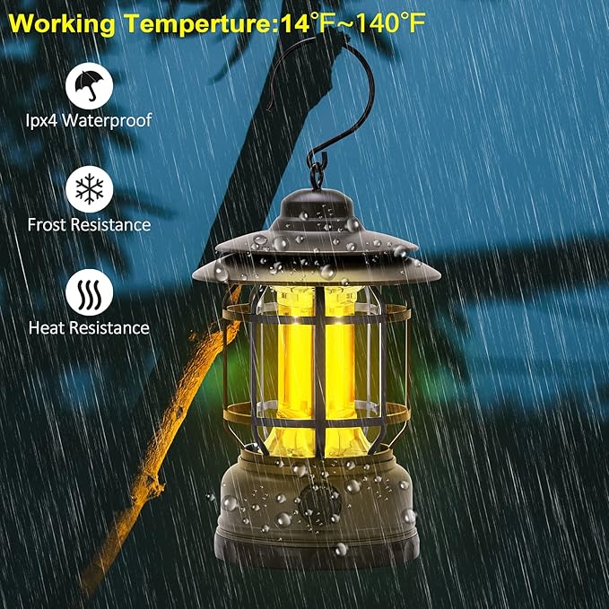 Camping Lanterns Rechargeable, Portable Electric LED Camping Lights Outdoor Hanging Tent Light Vintage Tabletop Lantern Decor Stepless Dimming Waterproof for Camping, Power Outages, Indoor (Green)