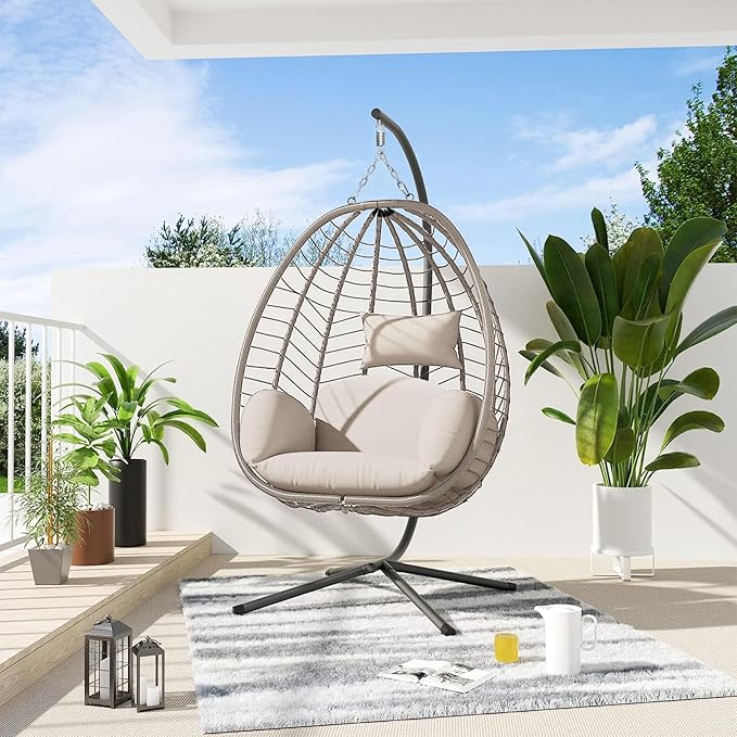 Hanging Egg Chair with Stand, Outdoor Indoor Egg Swing Chair with Cushion Headrest for Patio, Porch, Balcony, Bedroom, 350LBS Capacity (Brown)