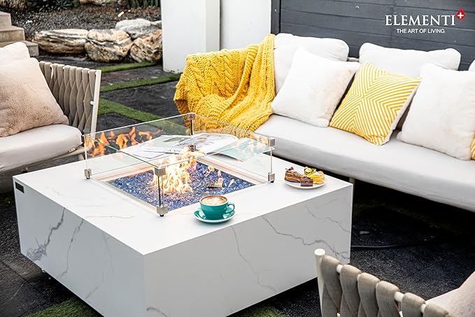 Elementi+ | Bundle Bianco Gas Fire Pit | Marble Porcelain & Metal Frame | 40" Square Fire Table | Electronic Ignition | Canvas Cover, Fire Glass & Burner Lid Included | White | Natural Gas