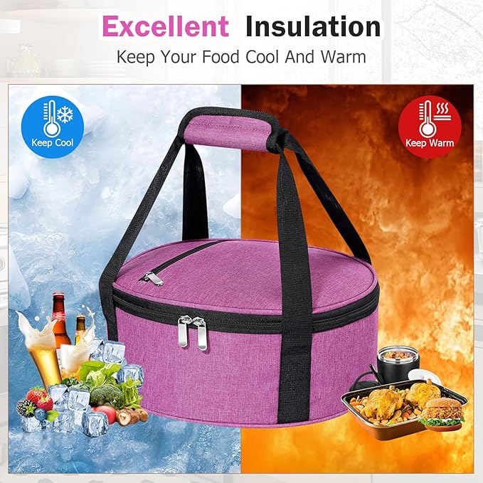 Round Insulated Casserole Carrier, Pie Carrier Bag, Portable Casserole Carrier for Hot or Cold Food Lunch Tote, Lunch Bag for Parties Picnic, Fits 12.5" Baking Dish, Rose Red
