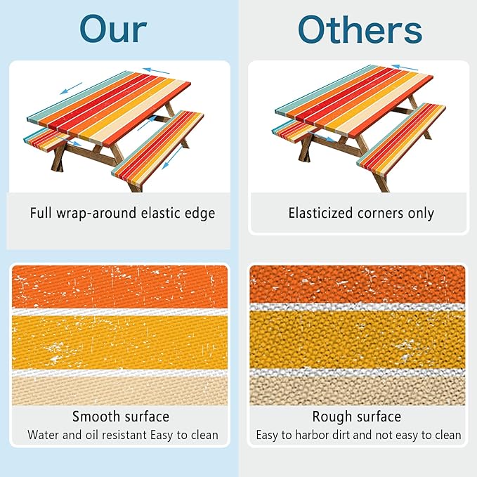 Orange Picnic Table Cover with Bench Covers, 3 Pcs Waterproof Elastic Picnic Table Cover Outdoor Camping Essentials, Windproof Fitted Tablecloth for Camping, Indoor, Outdoor (Striped, 60X30 Inch)