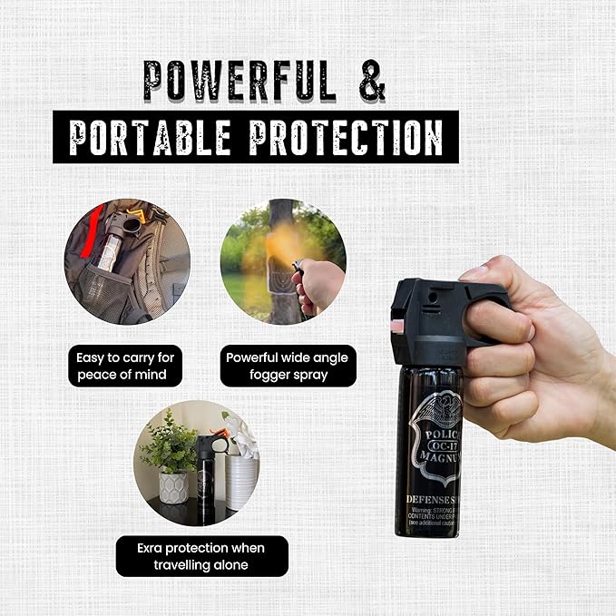Police Magnum Self Defense Pepper Spray Fogger – Maximum Strength Personal Protection – Portable Non-Lethal Safety Gear – Made in USA – 2 Pack 3oz FM