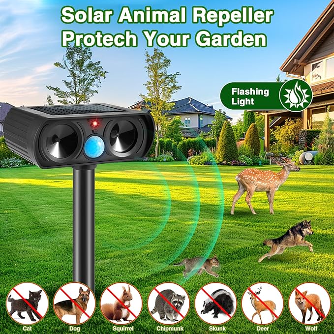 2025 Ultrasonic Animal Repellent Cat Repellent Outdoor Solar Animal Repeller with Motion Detection Waterproof Deer Repellent Device to Repel Raccoon Rabbit Squirrel Skunk Repellent for Yard(4Pack)