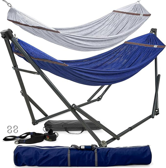 Tranquillo Combo x2 Hammocks with Stand for Outside & Tree Straps, Heavy Duty Hammock with Stand 600lbs for Indoor Outdoor Patio Backyard, x2 Hammocks for 2 Person, Portable Carrying Bags, Blue